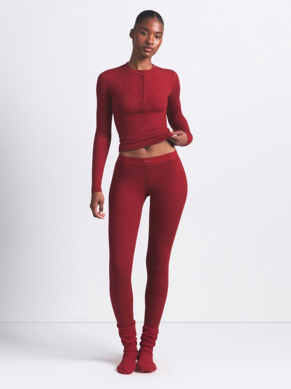 SKIMS Ribbed Henley Thermal Top & Legging Set in Wine